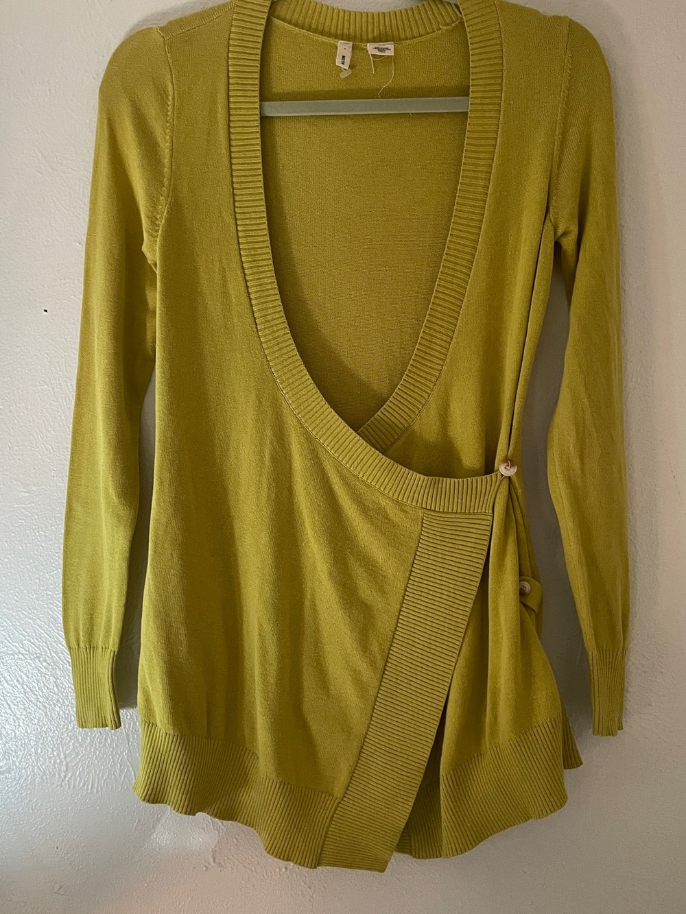 Anthropologie Moth Wrap Sweater Chartreuse Deep V Button Detail XS